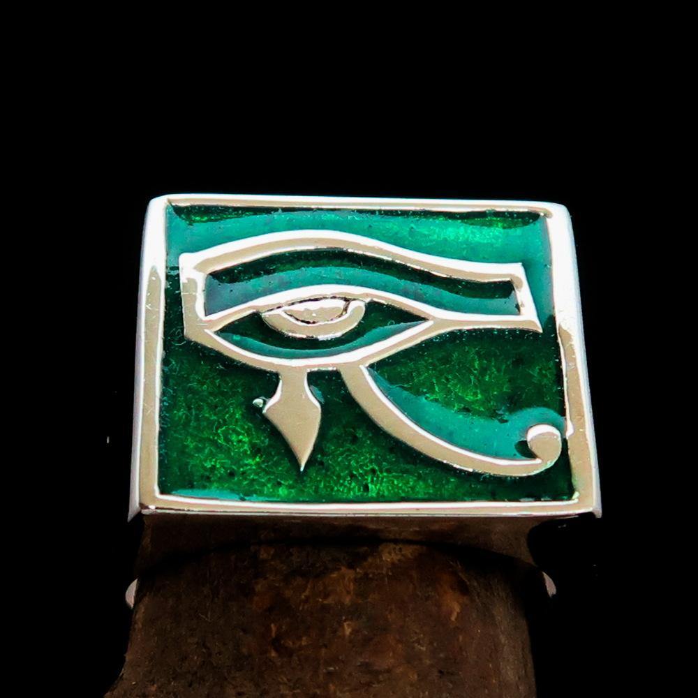 Men's sterling silver ring featuring the green Eye of Ra design, polished finish, and hallmarked 925.