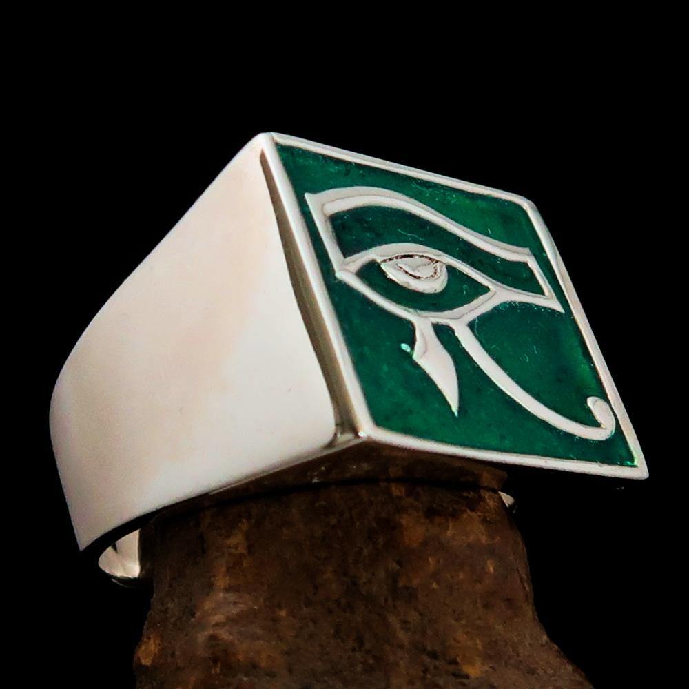 Men's sterling silver ring featuring the green Eye of Ra design, polished finish, and hallmarked 925.