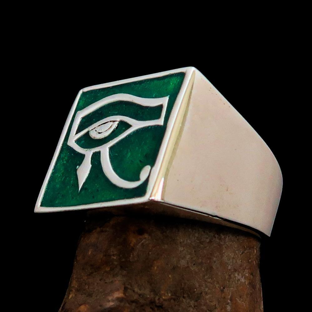 Men's sterling silver ring featuring the green Eye of Ra design, polished finish, and hallmarked 925.
