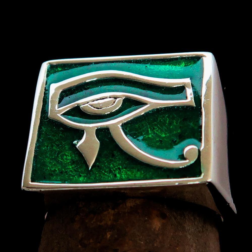 Men's sterling silver ring featuring the green Eye of Ra design, polished finish, and hallmarked 925.
