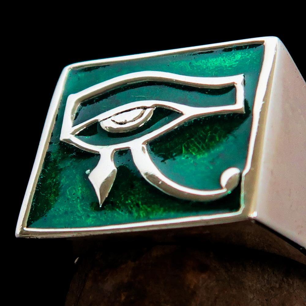 Men's sterling silver ring featuring the green Eye of Ra design, polished finish, and hallmarked 925.