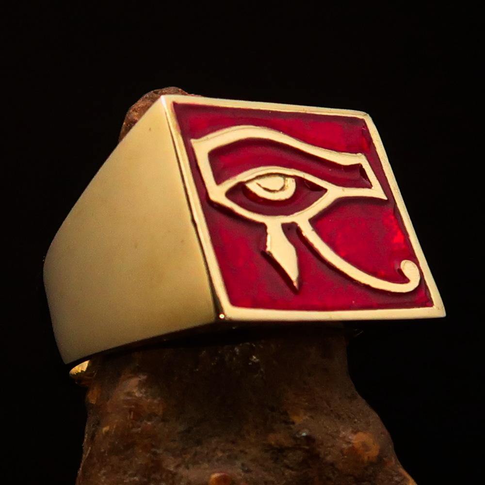 Men's solid brass ring featuring the red All Seeing Udjat Eye of Ra, high polished with enamel finish.