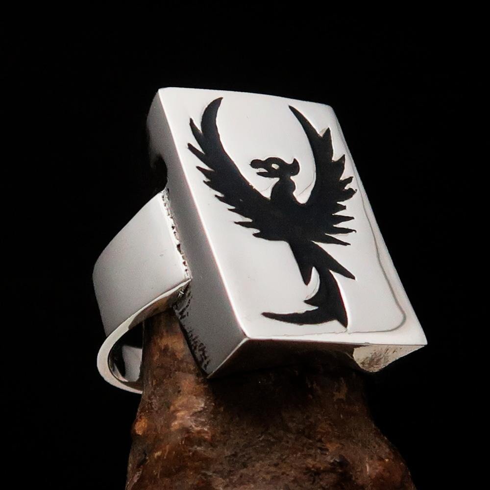Excellent crafted Men's Ring featuring a black enamel phoenix design, made of solid sterling silver with a polished finish.