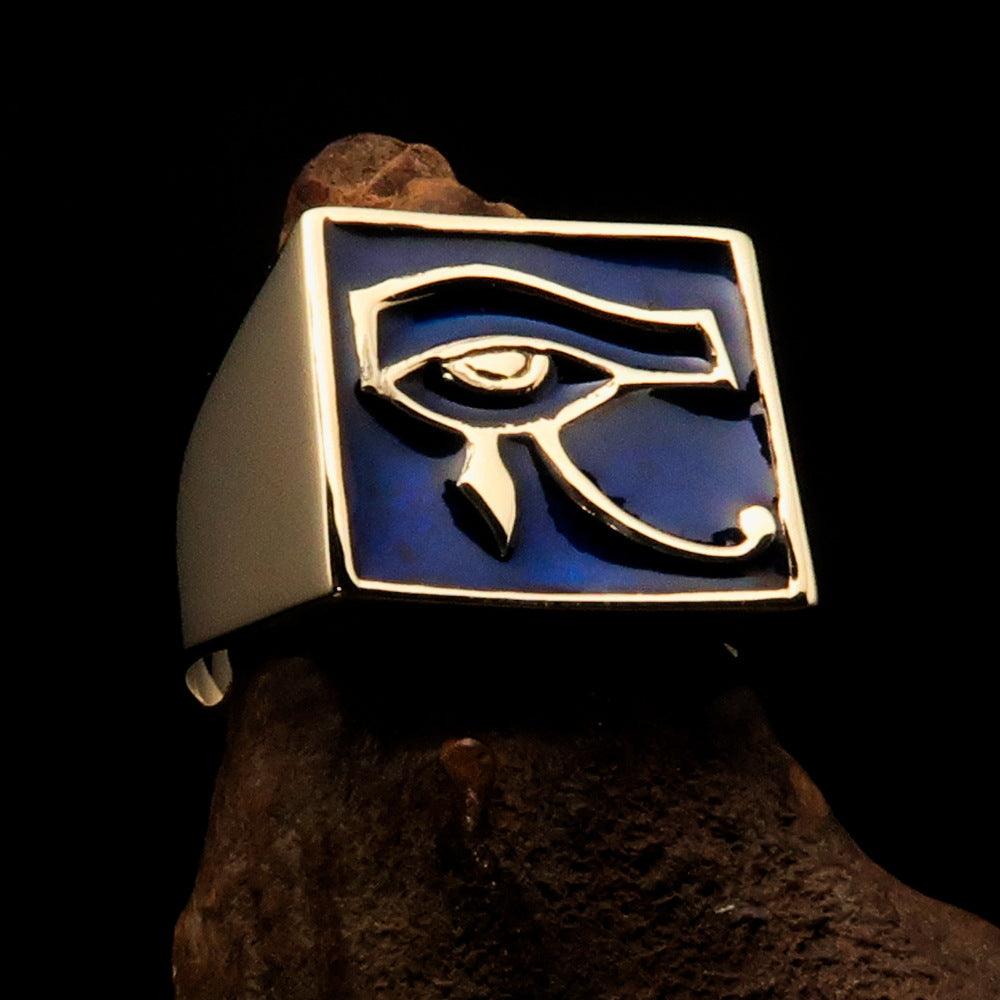 Solid brass Men's Ring featuring the blue All Seeing Eye of Ra, high polished with enamel finish, showcasing intricate details.