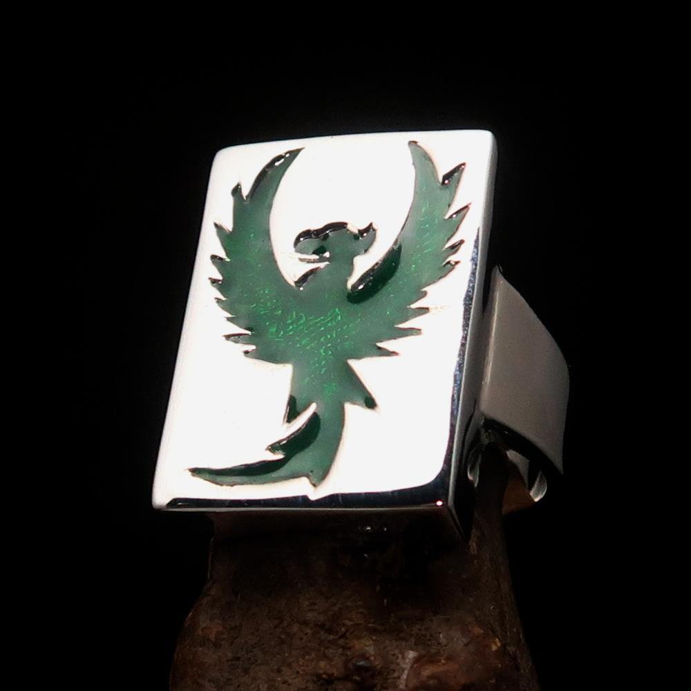 Excellent crafted Men's Ring featuring a bold green Phoenix design, made of high-quality Sterling Silver with a polished finish.