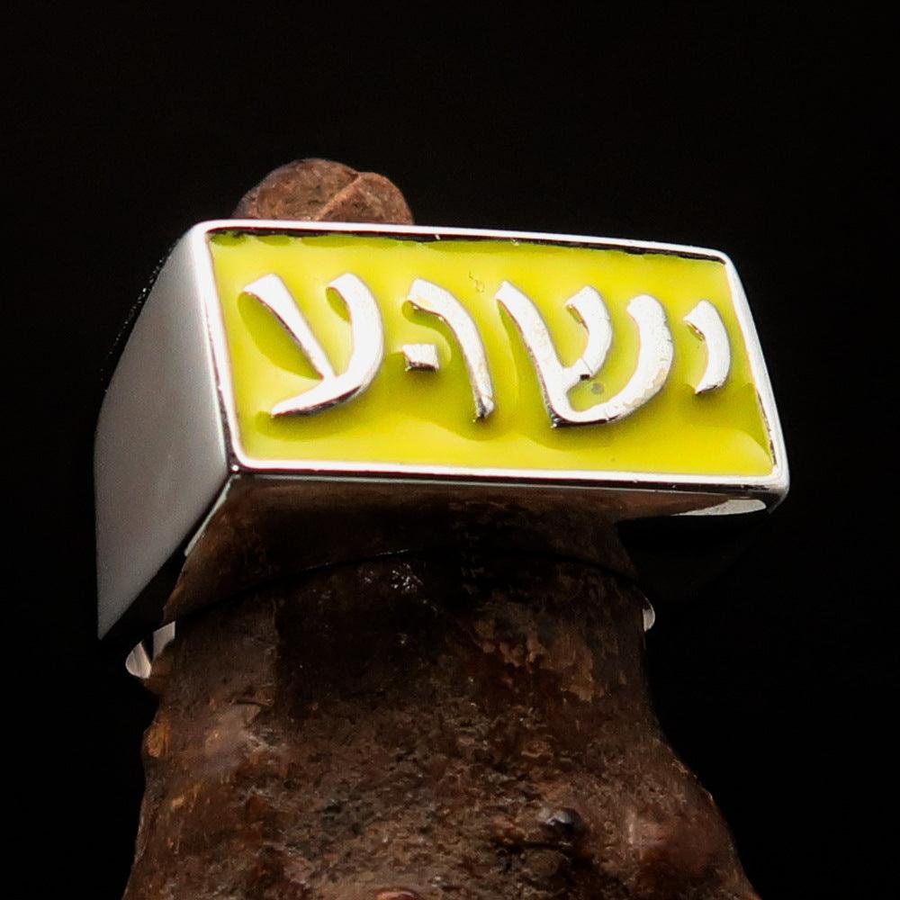 Men's sterling silver ring featuring Jesus in Hebrew design with yellow enamel accents, hallmarked 925.