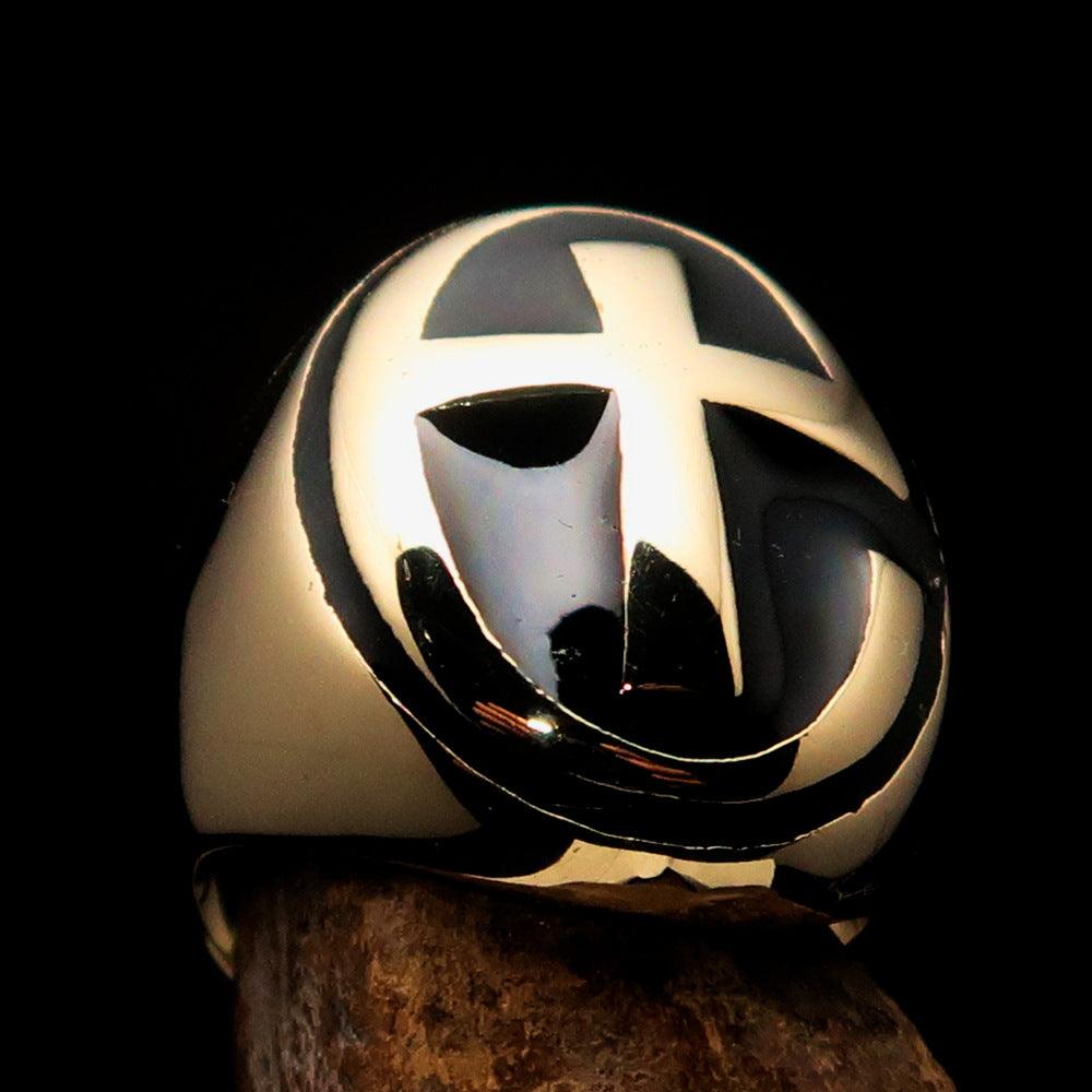 A modern black Christian Cross Men's Ring made of solid brass with a high polished finish and black enamel detailing.