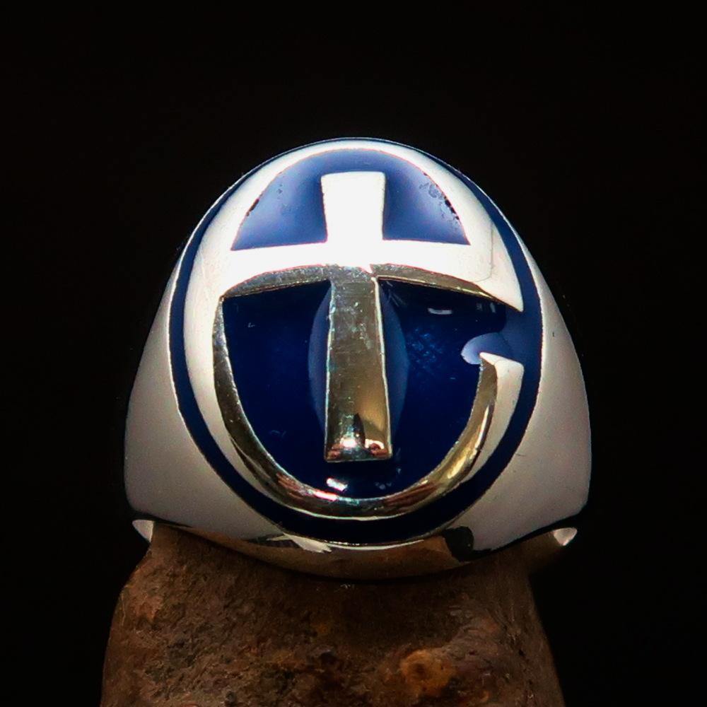 Modern blue Christian Cross Men's Ring crafted from high-polished sterling silver with blue enamel finish.