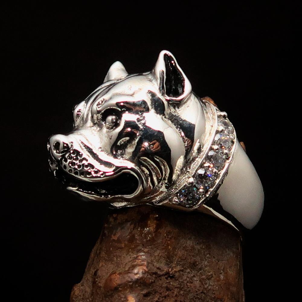 Men's Ring featuring a Pitbull design with a white CZ collar, crafted from solid Sterling Silver with a polished and antiqued finish.