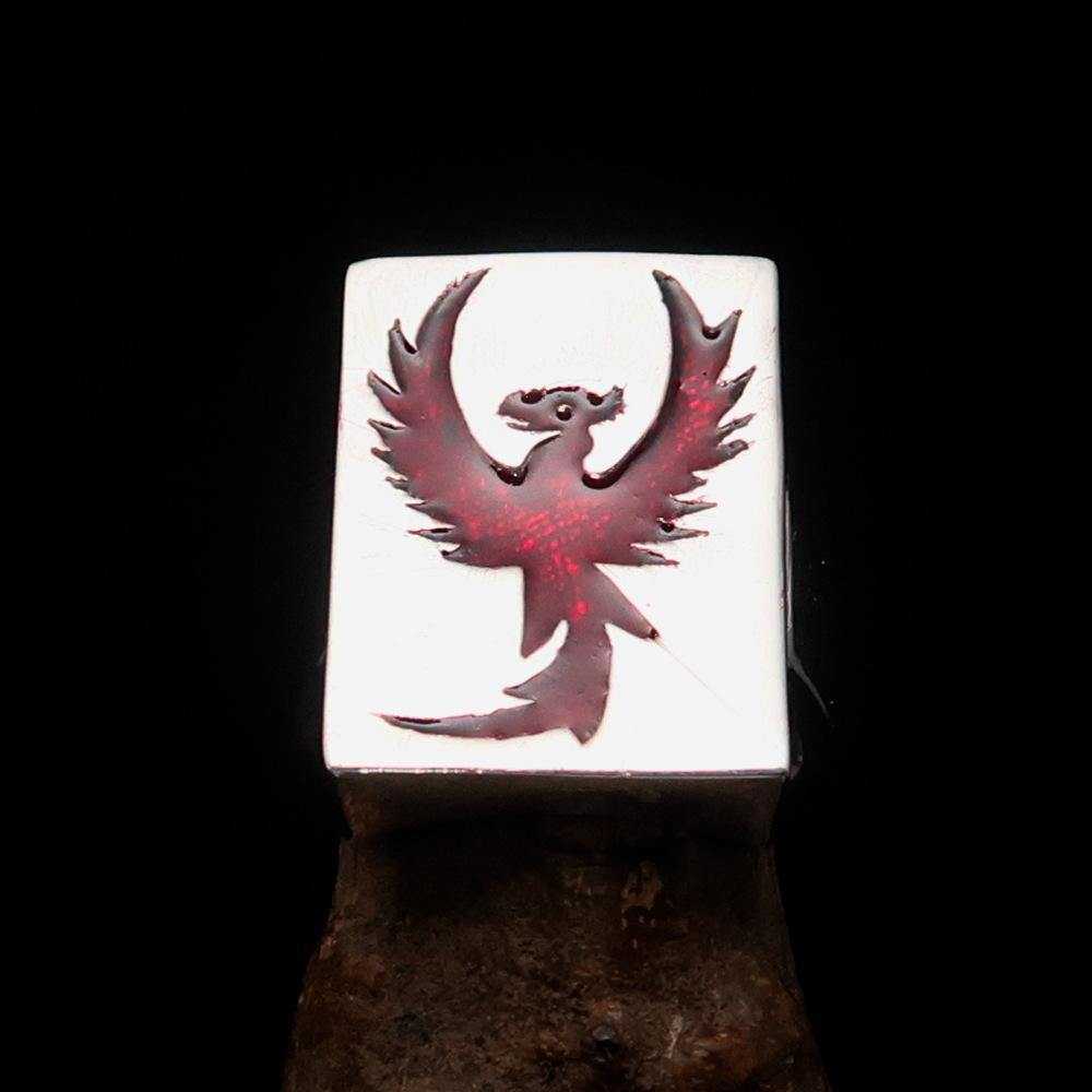 Excellent crafted Men's Ring featuring a red phoenix design in enamel on a high polished sterling silver band.