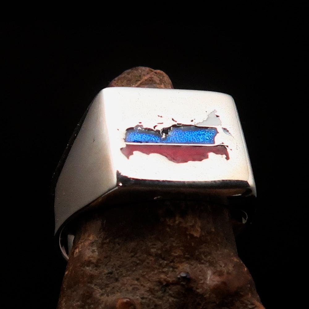 Men's Russian Flag Ring made of high polished sterling silver with vibrant enamel detailing, showcasing the Russian flag design.