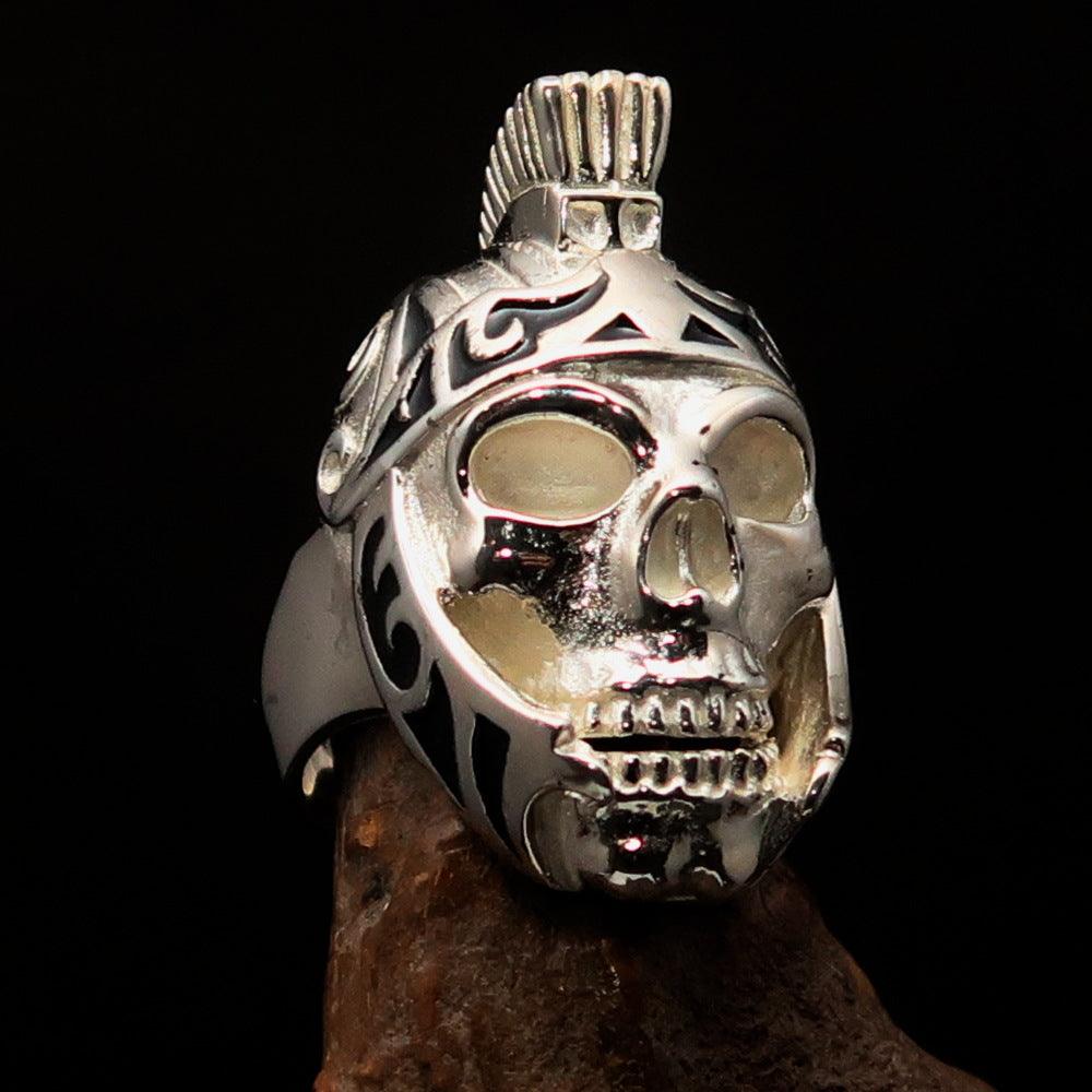 Men's Skull Biker Ring featuring a Roman Centurion design in polished sterling silver with black enamel accents.