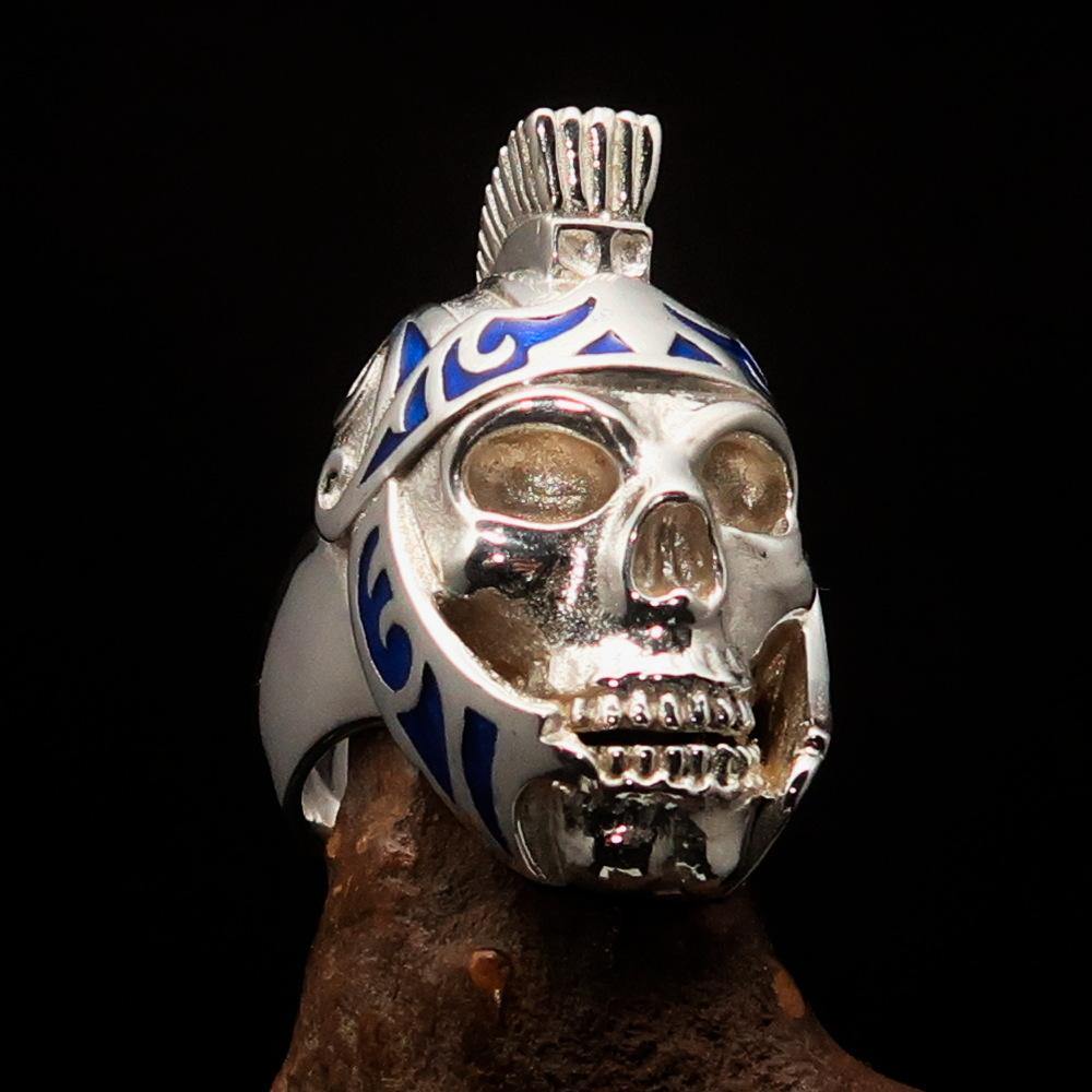 Men's Skull Biker Ring featuring a blue Roman Centurion design, crafted from solid sterling silver with high polish finish.