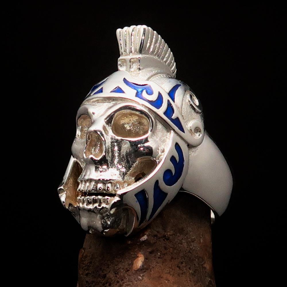 Men's Skull Biker Ring featuring a blue Roman Centurion design, crafted from solid sterling silver with high polish finish.