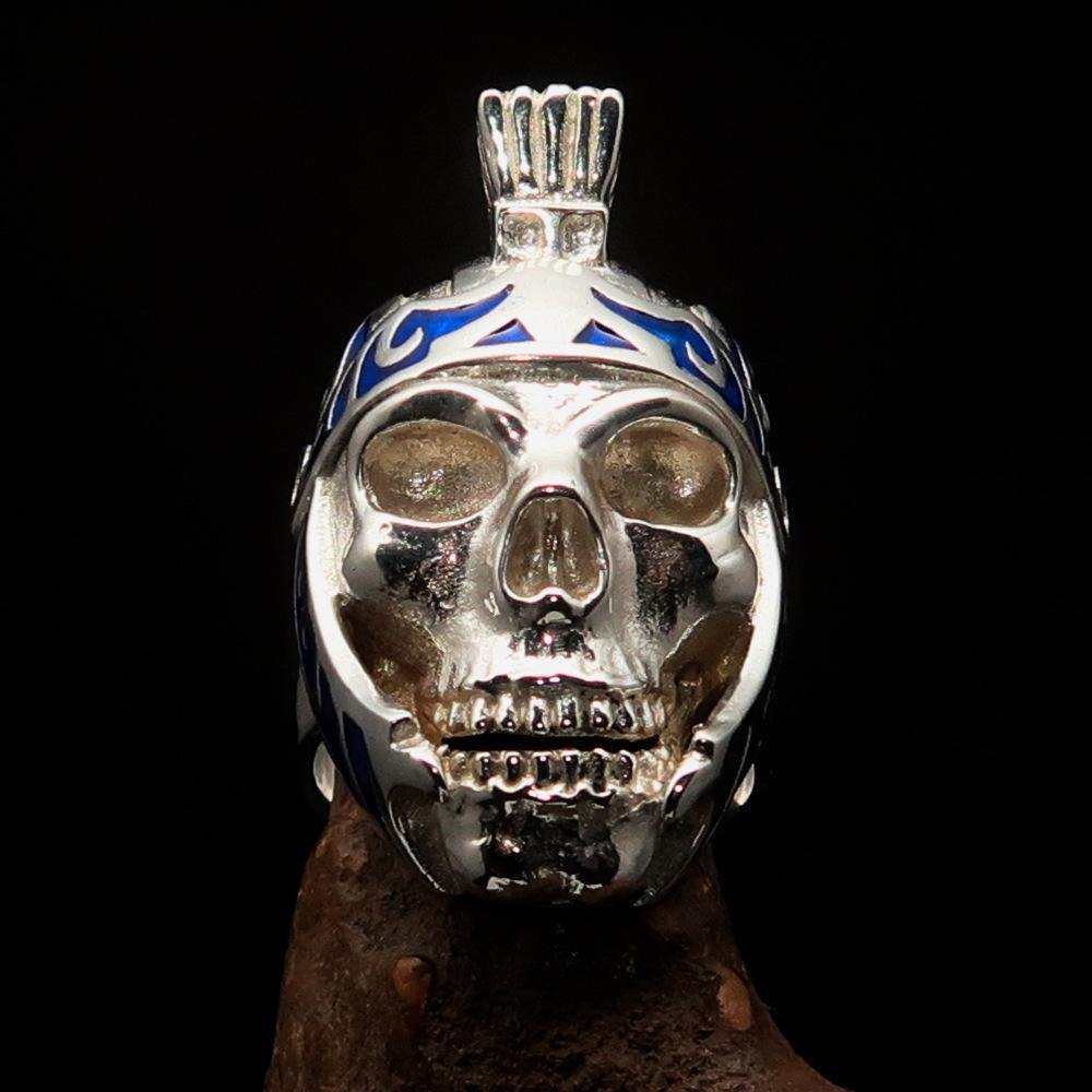 Men's Skull Biker Ring featuring a blue Roman Centurion design, crafted from solid sterling silver with high polish finish.