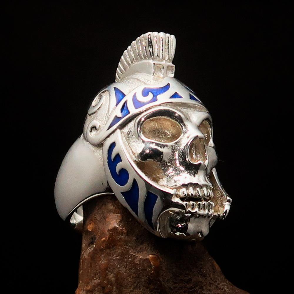 Men's Skull Biker Ring featuring a blue Roman Centurion design, crafted from solid sterling silver with high polish finish.