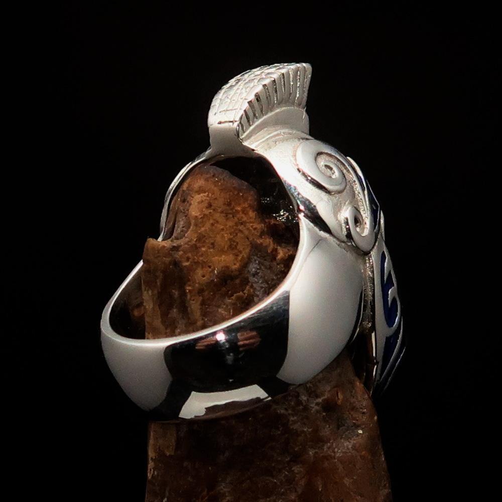 Men's Skull Biker Ring featuring a blue Roman Centurion design, crafted from solid sterling silver with high polish finish.