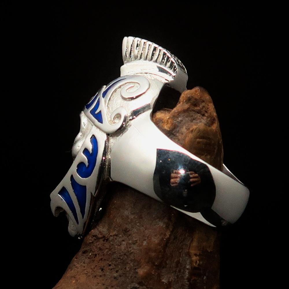Men's Skull Biker Ring featuring a blue Roman Centurion design, crafted from solid sterling silver with high polish finish.