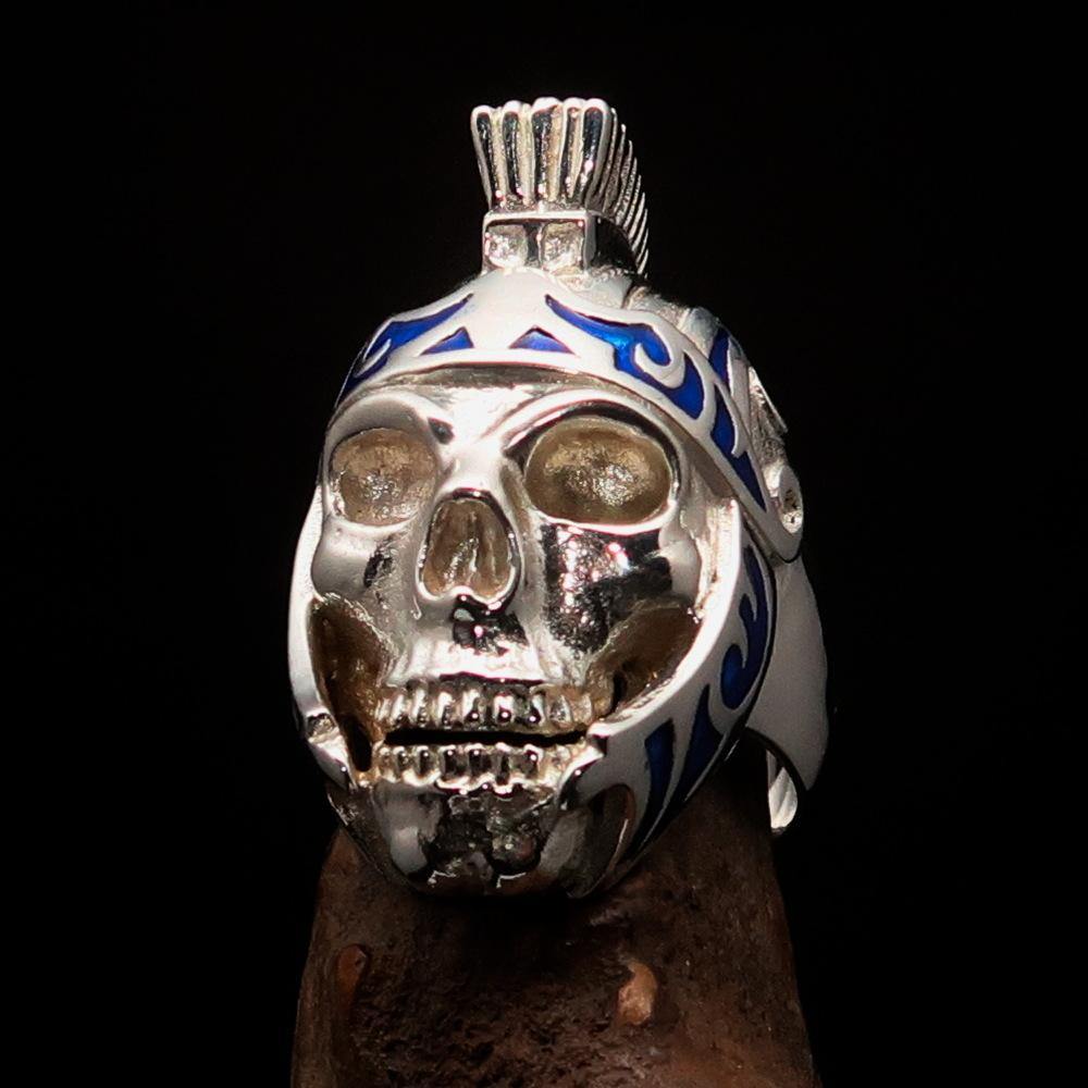 Men's Skull Biker Ring featuring a blue Roman Centurion design, crafted from solid sterling silver with high polish finish.