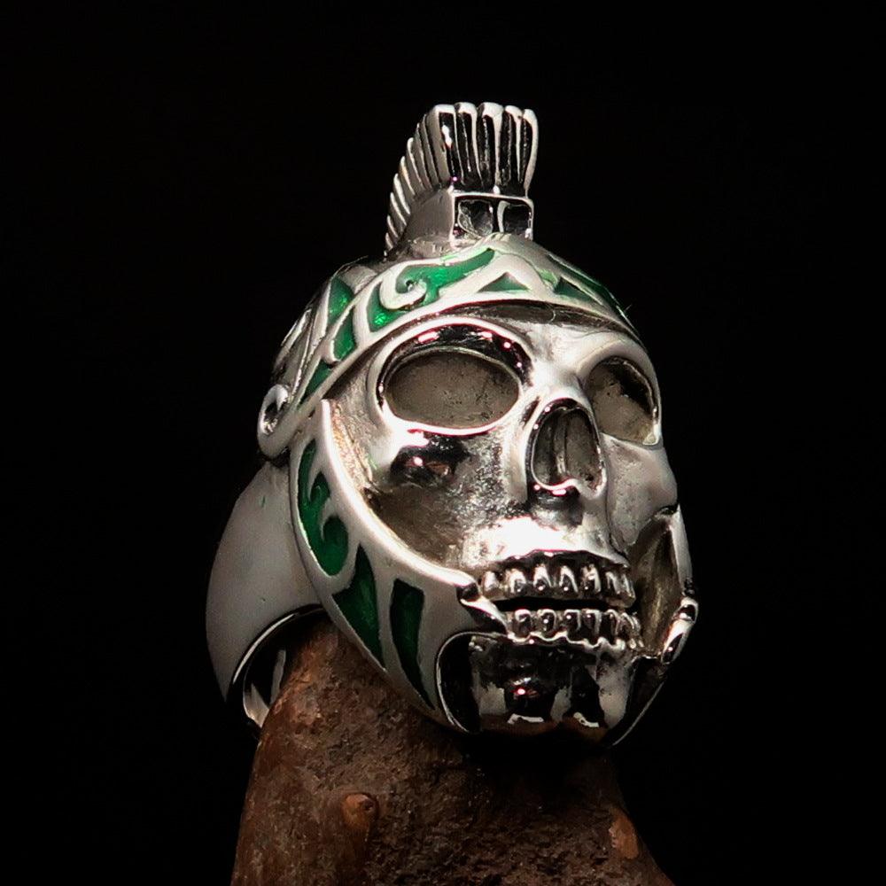 Men's Skull Biker Ring featuring a Roman Centurion design with green enamel accents, crafted from solid sterling silver.