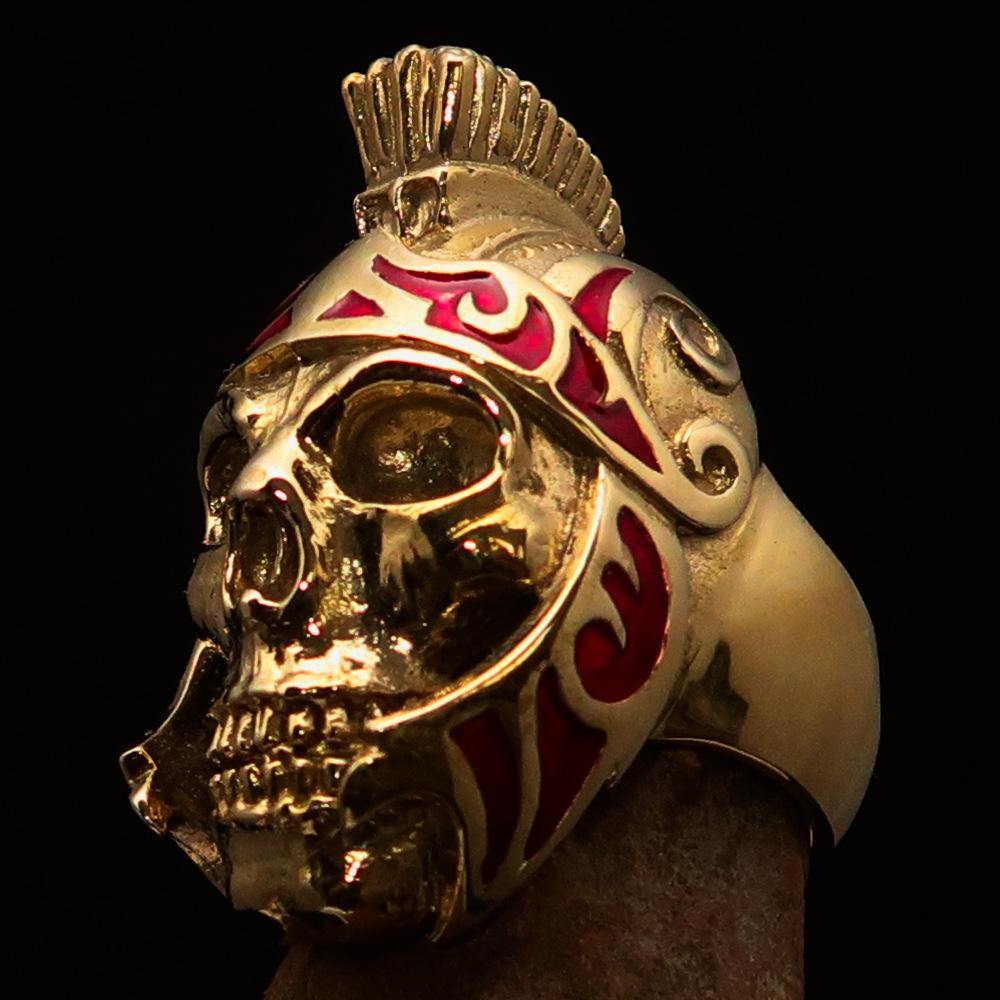 Men's Skull Biker Ring featuring Roman Centurion design with red enamel, crafted from solid brass with a high polished finish.