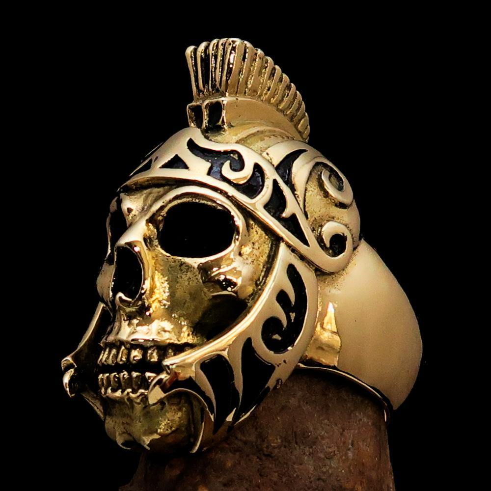 Men's Skull Biker Ring featuring a Roman Centurion design, crafted from solid brass with a polished and antiqued finish.
