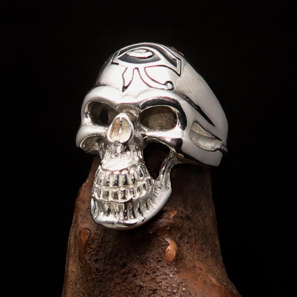 Men's Skull Ring made of sterling silver featuring the Eye of Ra design with black enamel accents.
