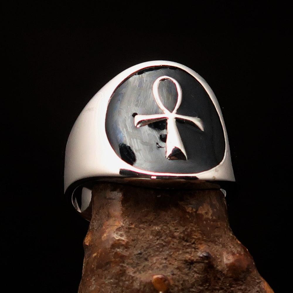 Men's small black Egyptian Ankh Cross Ring made of solid sterling silver with high-polished black enamel finish, showcasing the Ankh symbol.
