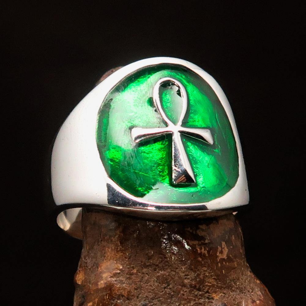 Men's small green Egyptian Ankh Cross Ring made of solid sterling silver with high polish and green enamel finish.