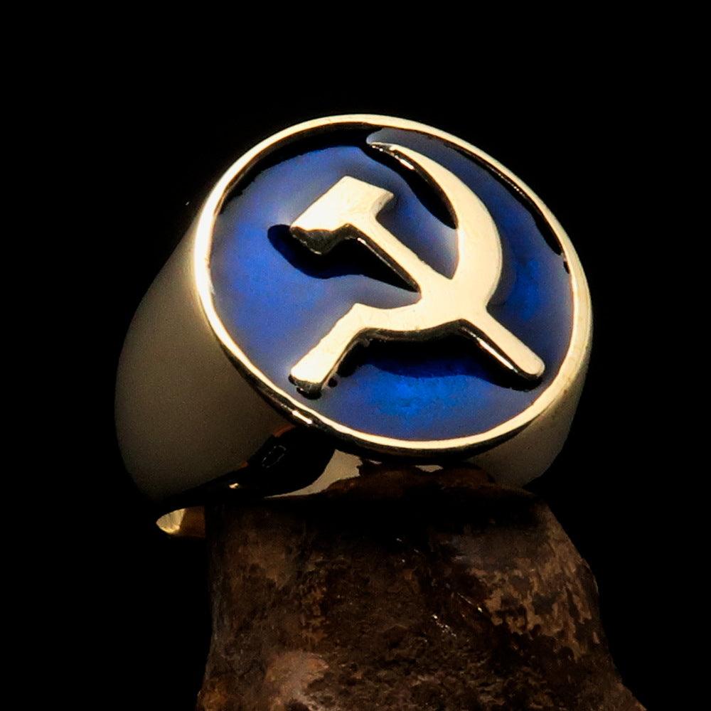 Men's Socialist Ring featuring a blue hammer and sickle crest, crafted from solid brass with a high polished finish.