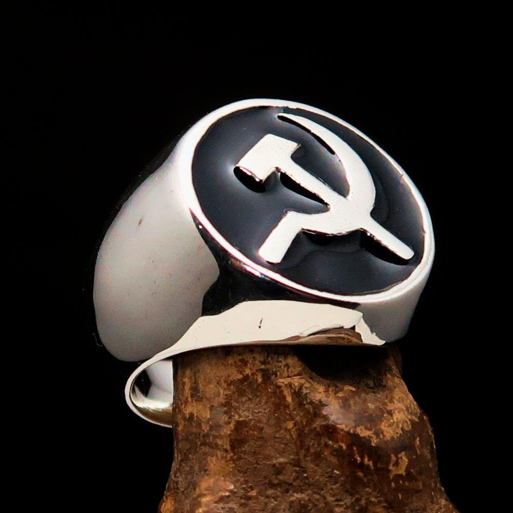 Men's Socialist Ring featuring Hammer and Sickle design, crafted from solid sterling silver with black enamel finish.