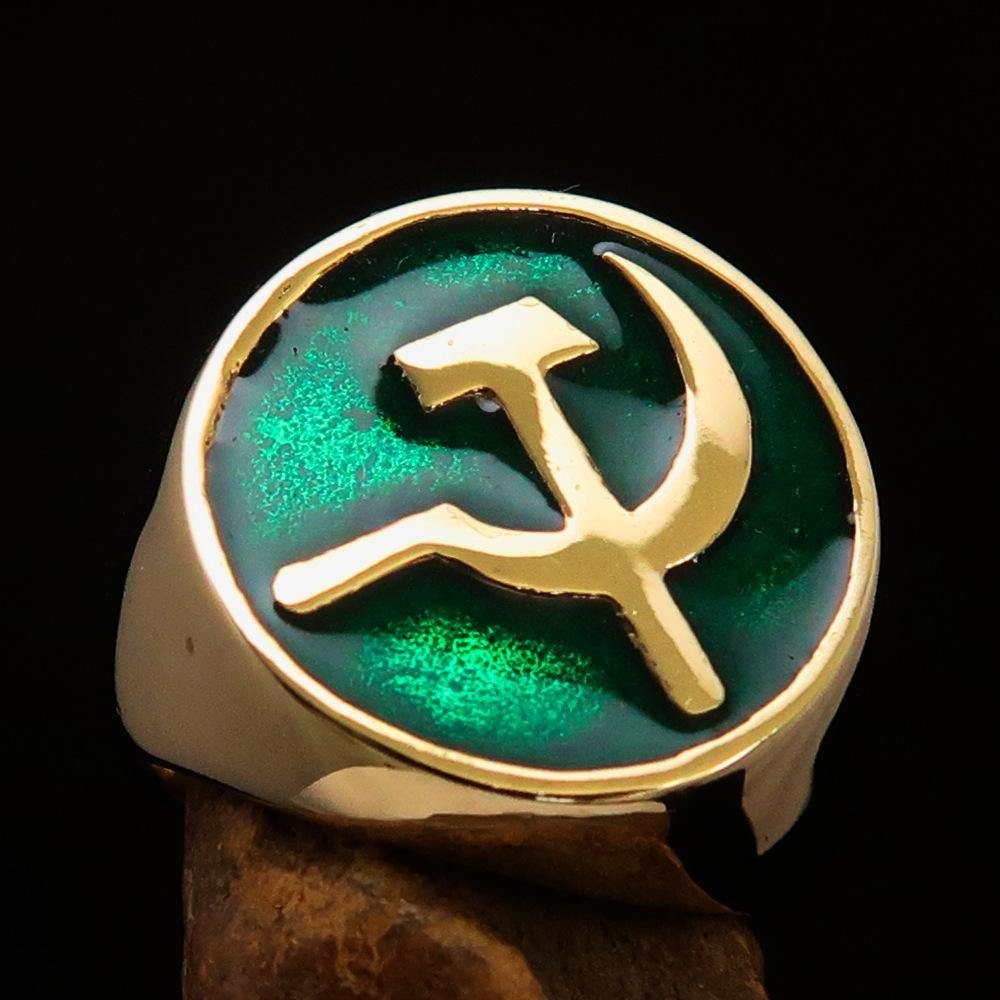 Men's Socialist Ring featuring Hammer and Sickle design, crafted from solid brass with a polished green enamel finish.