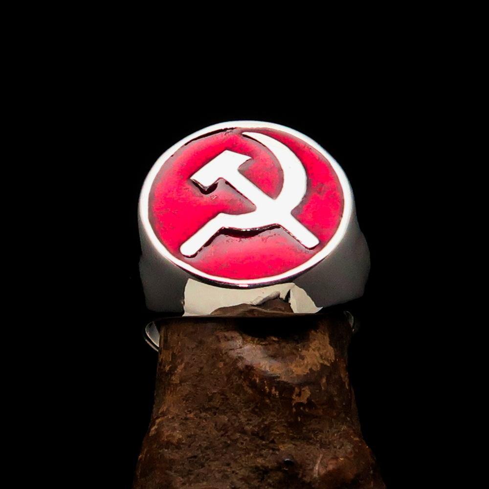 Men's Socialist Ring made of solid sterling silver featuring a red Hammer and Sickle emblem, polished finish, and custom sizing options.