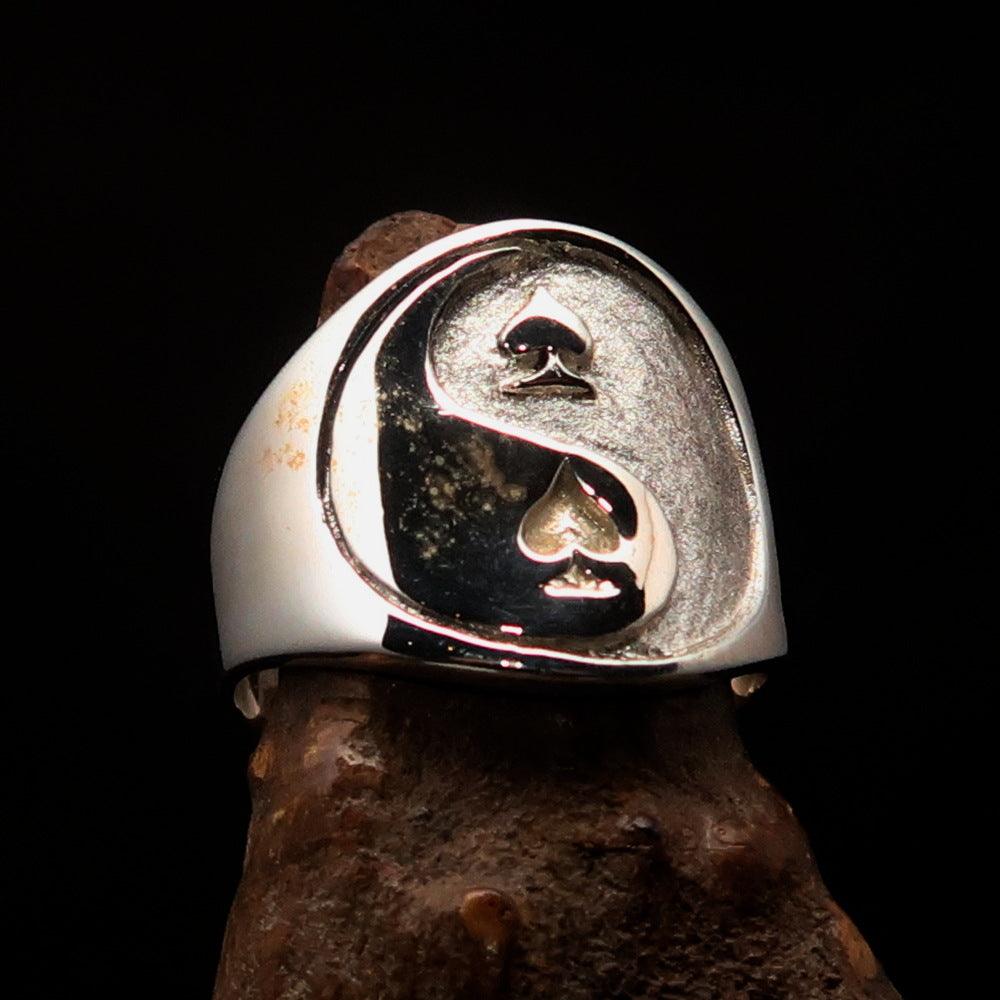 Men's Spades Yin Yang Poker Ring in two-tone sterling silver with high polished and matte finish, showcasing its unique design.