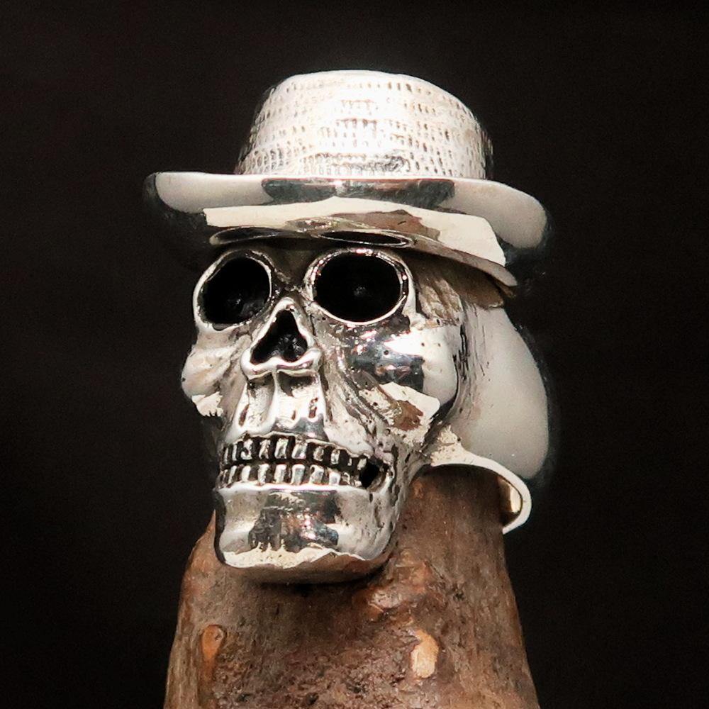 Men's Sterling Silver Cowboy Skull Ring with antiqued and polished finish, showcasing a bold skull design.