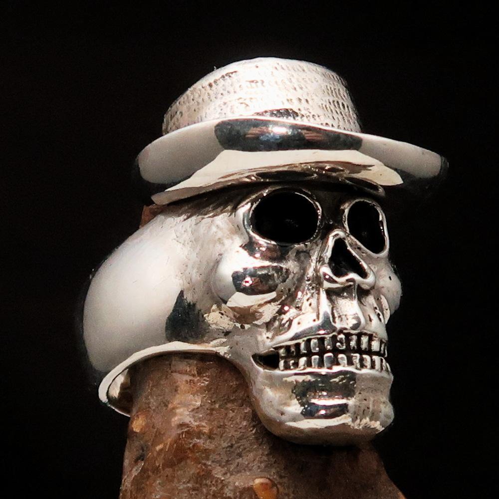 Men's Sterling Silver Cowboy Skull Ring with antiqued and polished finish, showcasing a bold skull design.
