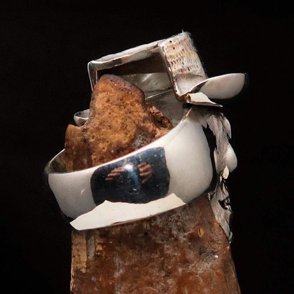 Men's Sterling Silver Cowboy Skull Ring with antiqued and polished finish, showcasing a bold skull design.