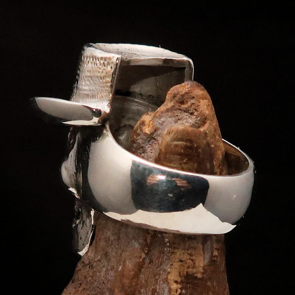 Men's Sterling Silver Cowboy Skull Ring with antiqued and polished finish, showcasing a bold skull design.