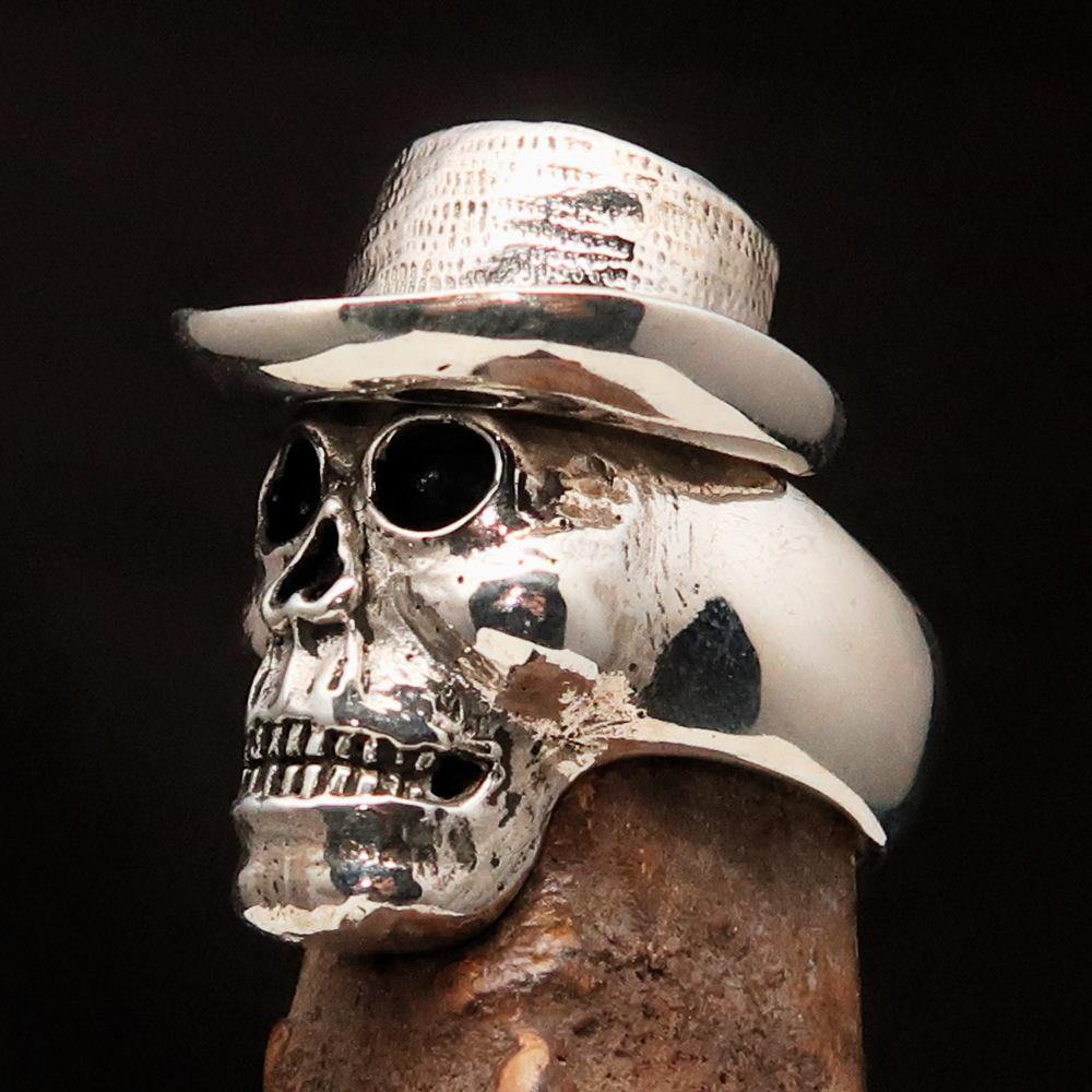 Men's Sterling Silver Cowboy Skull Ring with antiqued and polished finish, showcasing a bold skull design.