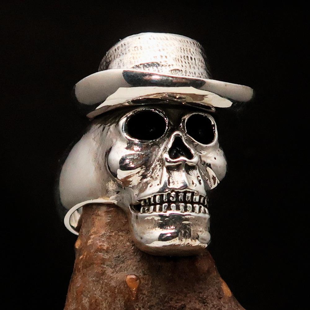Men's Sterling Silver Cowboy Skull Ring with antiqued and polished finish, showcasing a bold skull design.