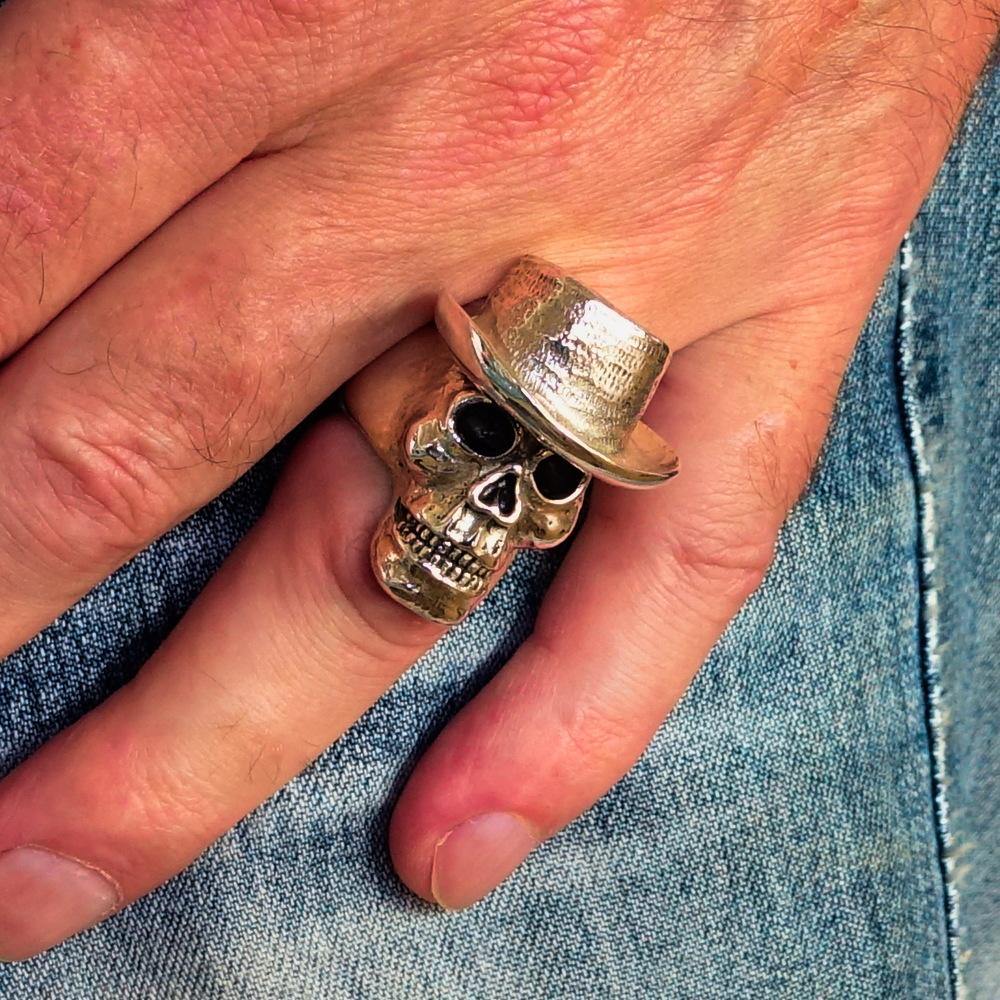 Men's Sterling Silver Cowboy Skull Ring with antiqued and polished finish, showcasing a bold skull design.
