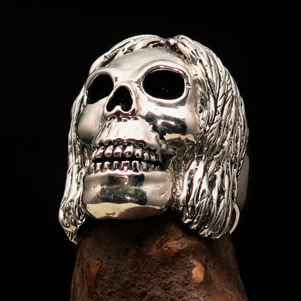 Men's Sterling Silver Hippie Skull Ring with antiqued and polished finish, showcasing intricate skull design.