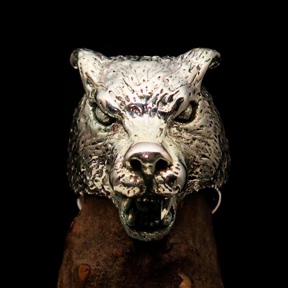 Men's Sterling Silver Werewolf Ring featuring intricate details and a fierce design, crafted from solid sterling silver.