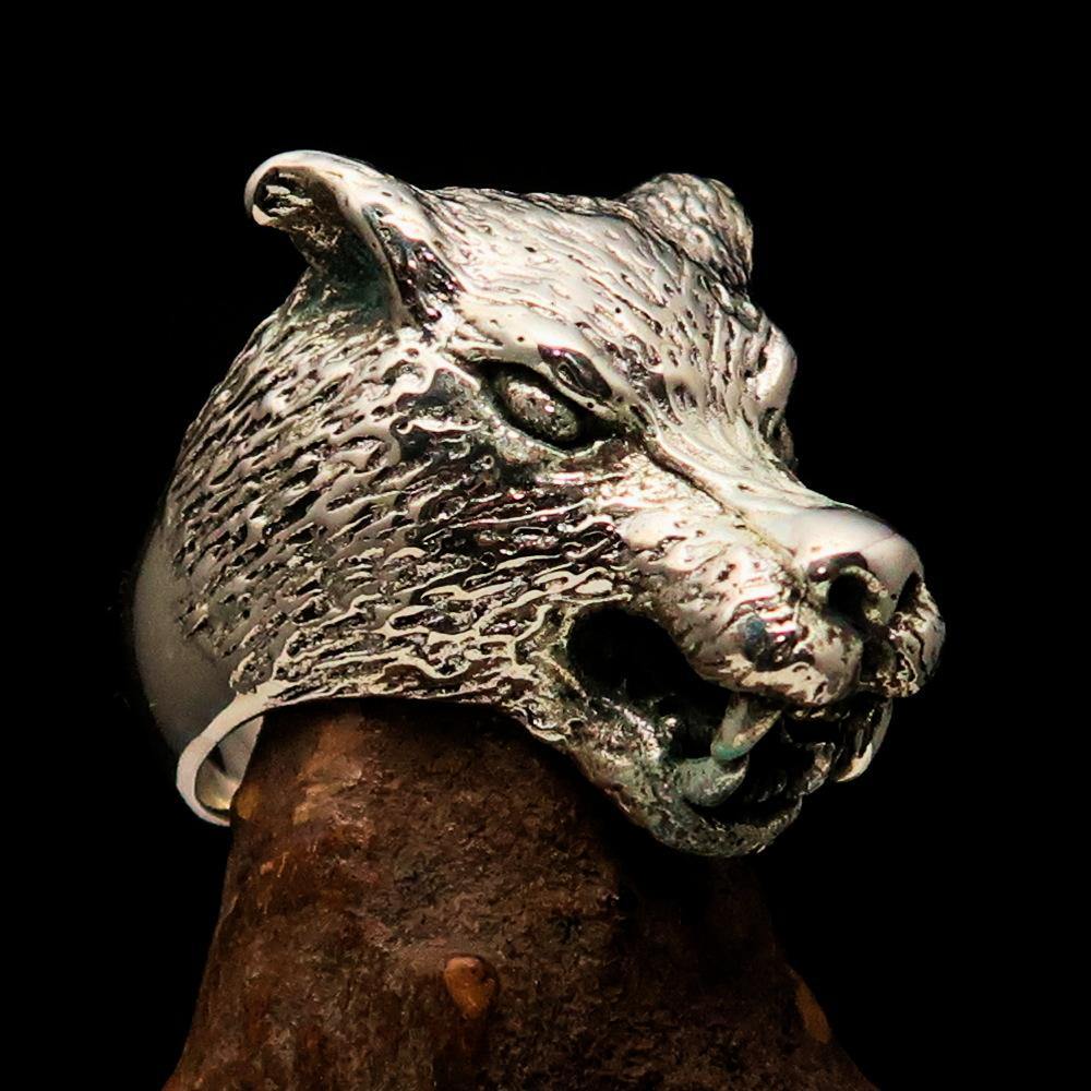 Men's Sterling Silver Werewolf Ring featuring intricate details and a fierce design, crafted from solid sterling silver.