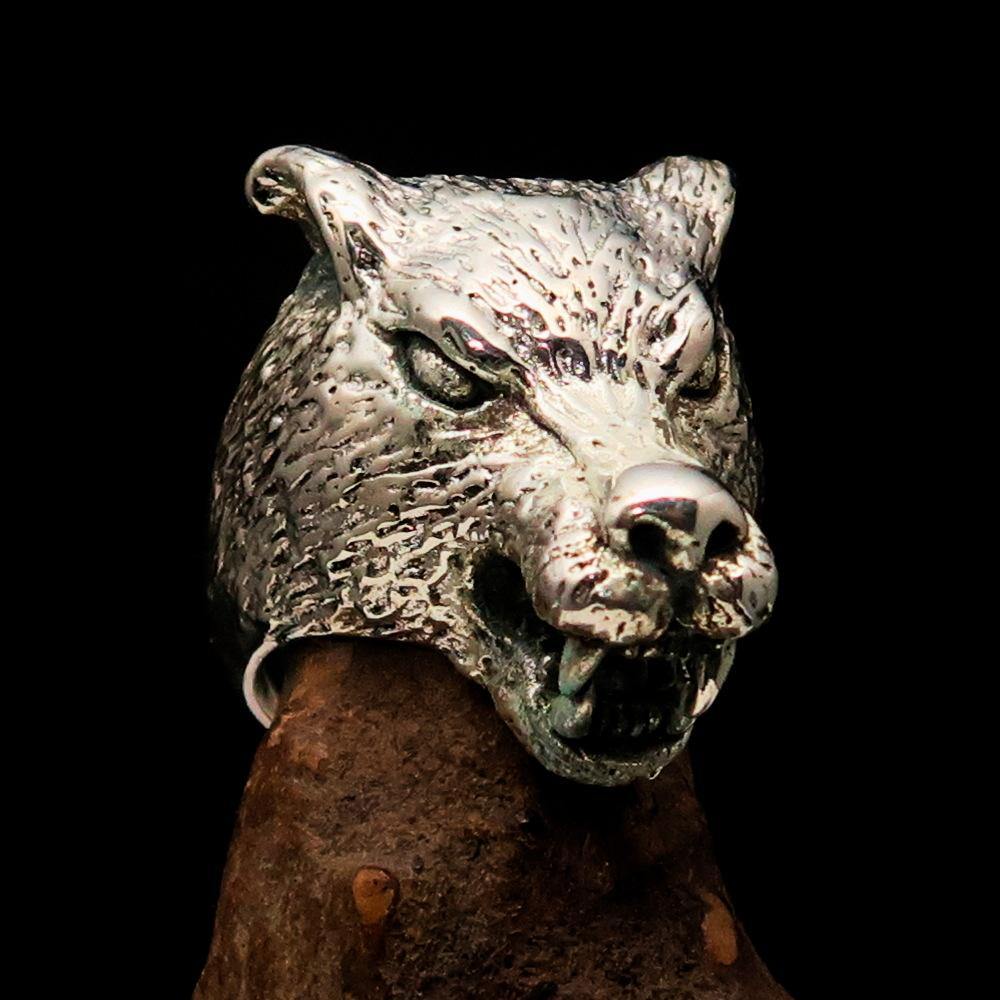 Men's Sterling Silver Werewolf Ring featuring intricate details and a fierce design, crafted from solid sterling silver.