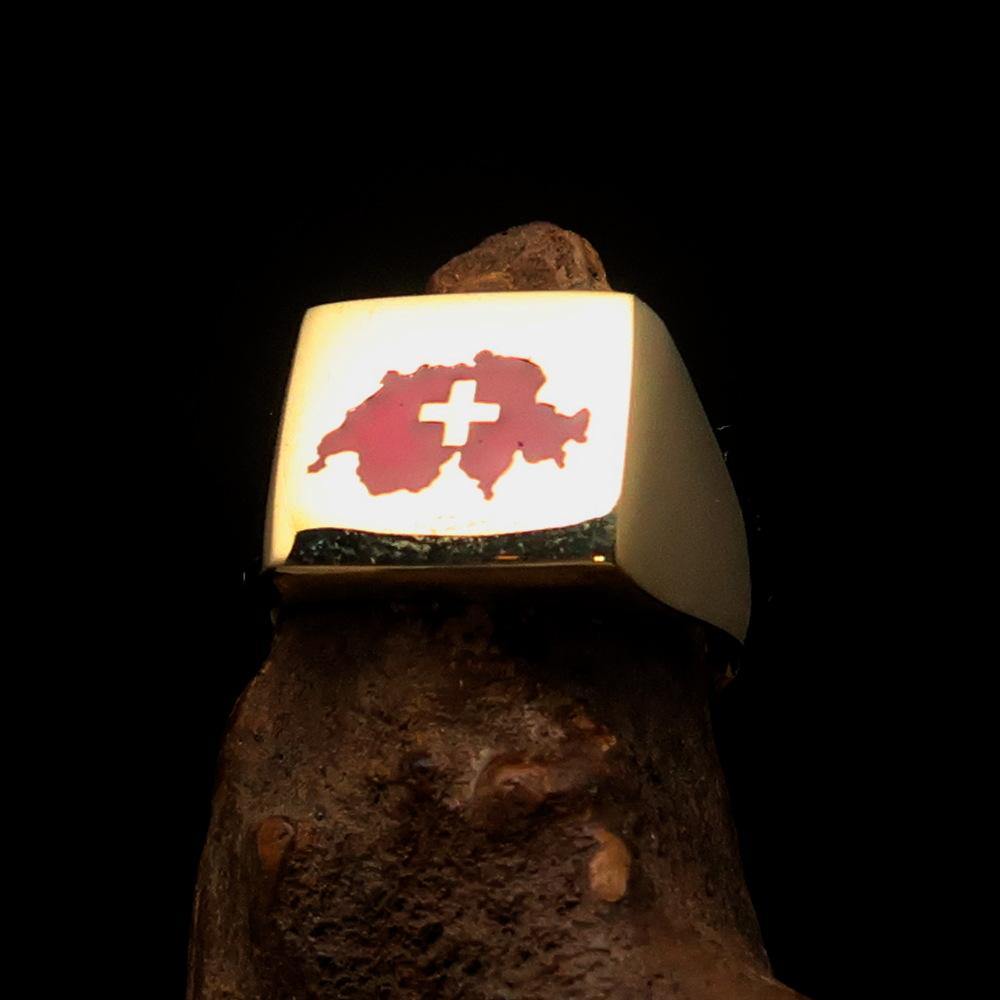 Men's Swiss Flag Ring made of solid brass, featuring a high-polished finish and detailed Swiss flag design.