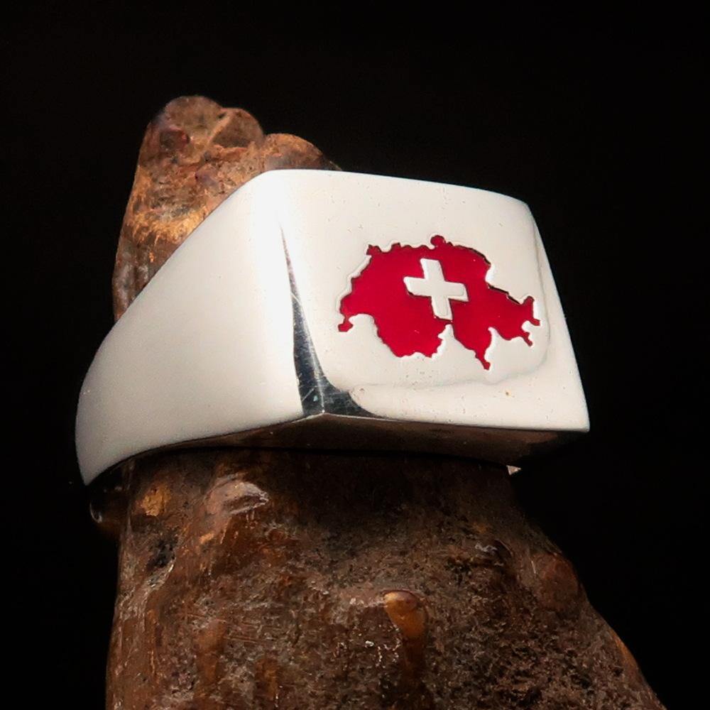 Men's Swiss Flag Ring made of high polished sterling silver with enamel, featuring the Swiss flag design and RCRN logo engraving.