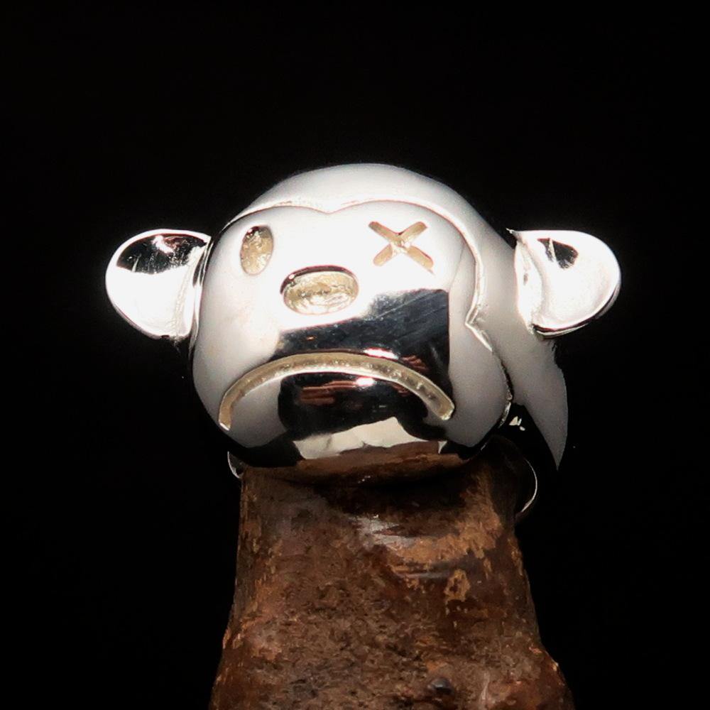 Excellent crafted Men's Teddy Bear Ring made of mirror polished Sterling Silver, showcasing a unique teddy bear design.