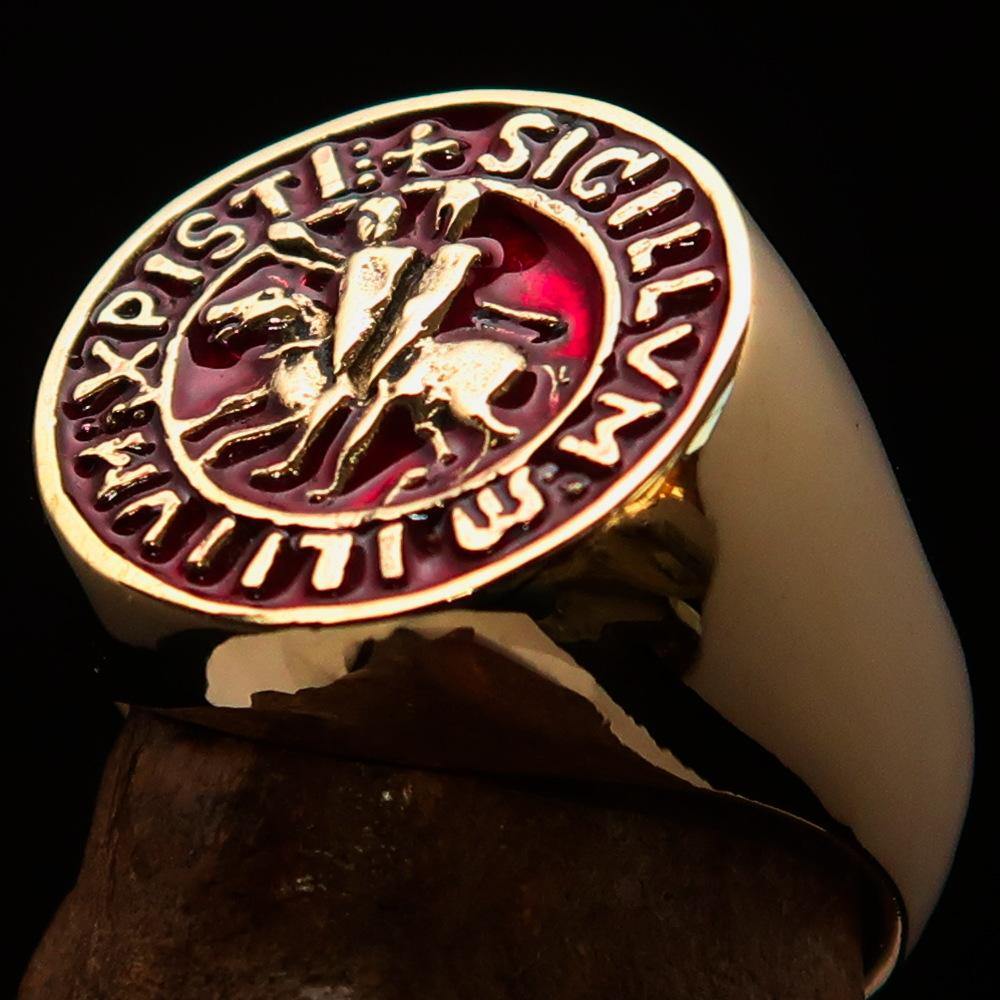 Men's Templar Knight Seal Ring made of solid brass with a high-polished finish and red enamel design, showcasing its intricate craftsmanship.