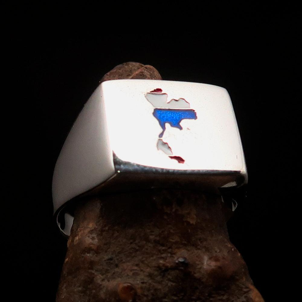 Men's Thai Flag Ring made of high polished sterling silver with vibrant enamel, showcasing the Thai flag design.